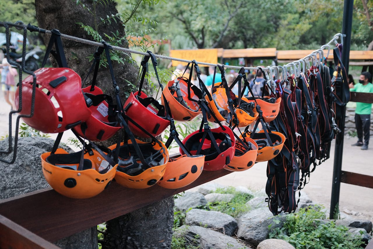 about-02 Hanging colorful helmets for climbing adventures in Merlo, Argentina.